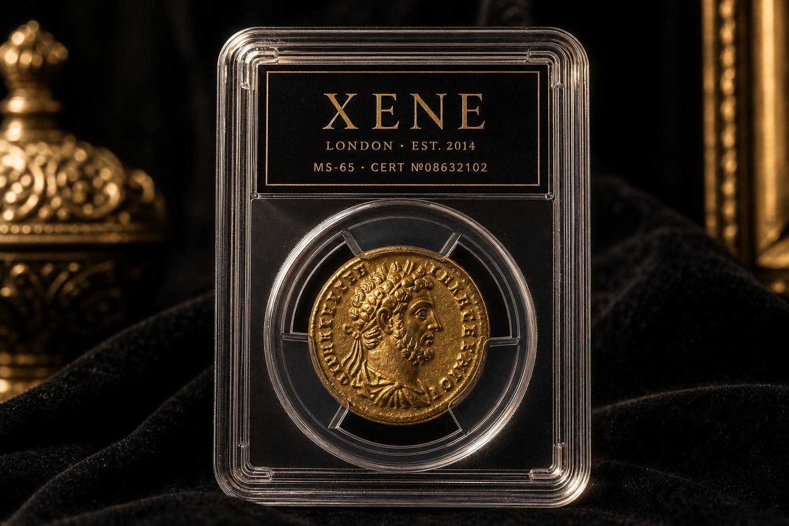Áureo romano de oro, encapsulado en un holder Xene, graduación MS-65.