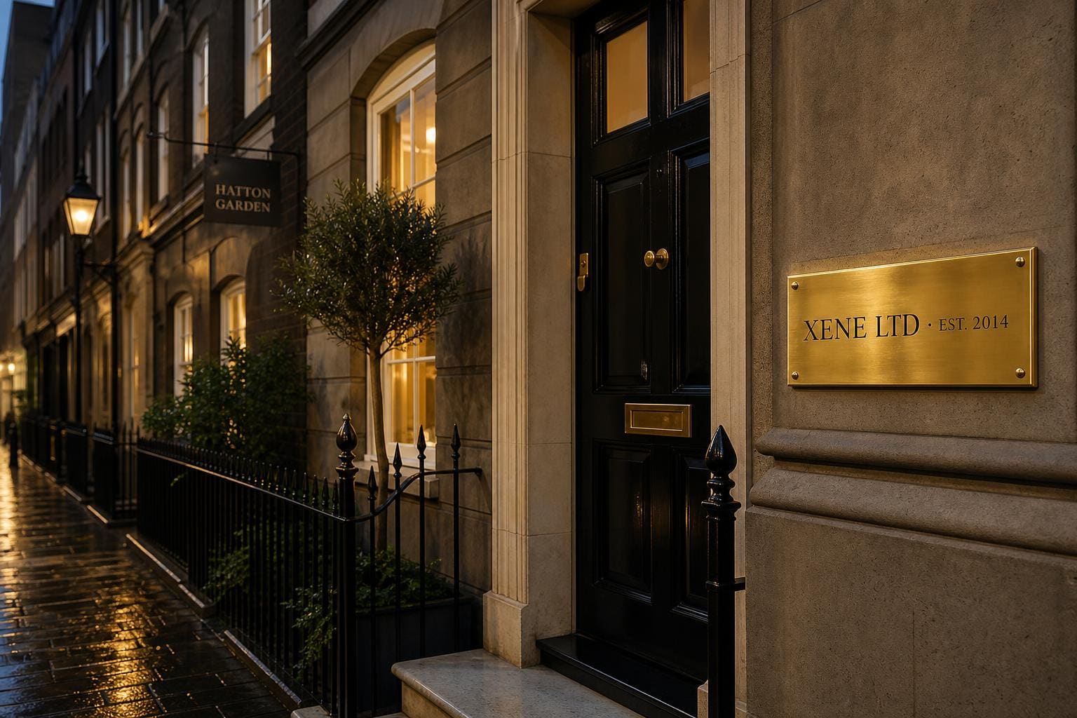 Das Xene-Ltd-Büro in 48 Hatton Garden, London, am Abend.