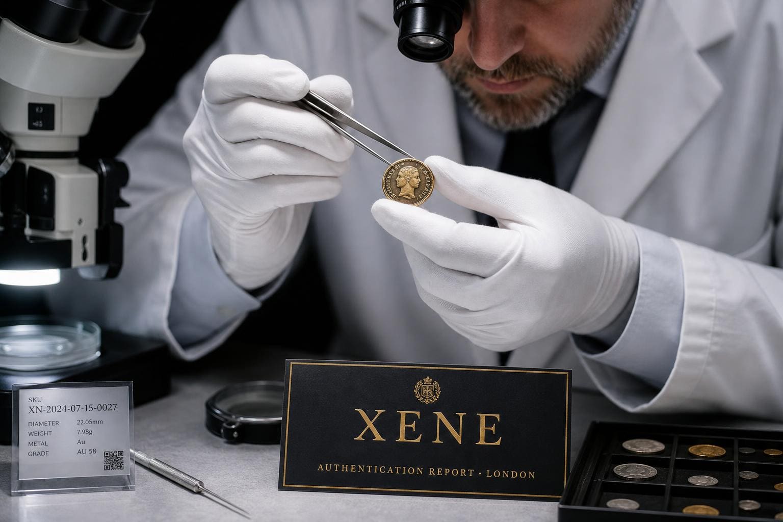 Una especialista de Xene examina una moneda bajo iluminación controlada.