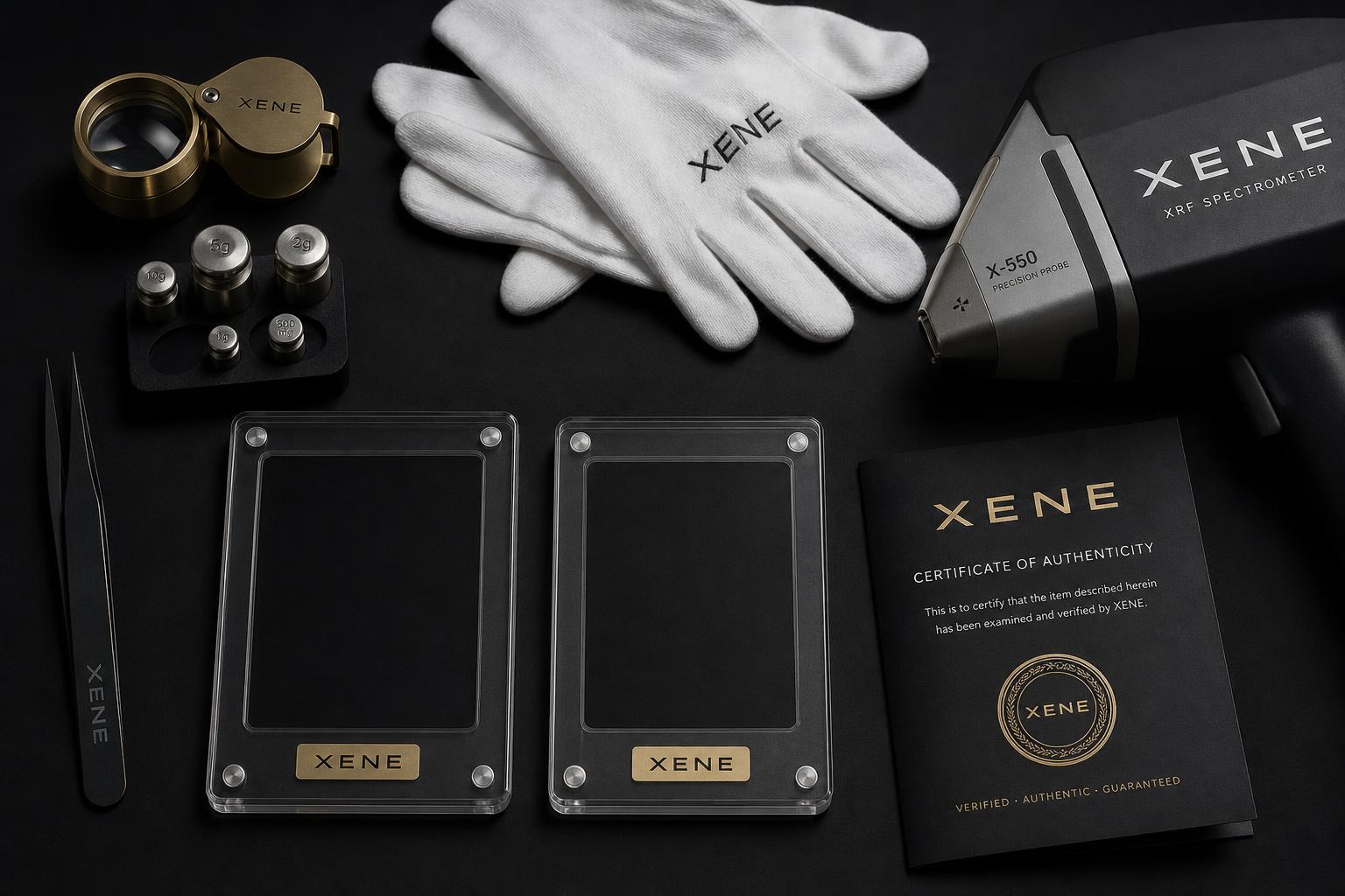 Xene-branded loupe, gloves, slabs and certificate.